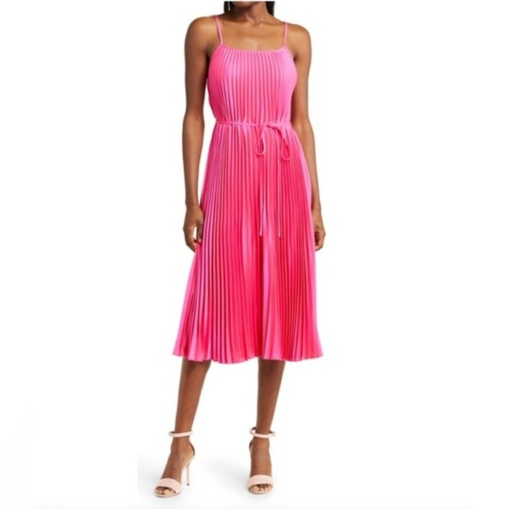 Sam Edelman Pink Pleated Midi Dress Sleeveless Tie Waist Cocktail Wedding Guest